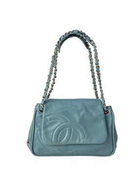Chanel Shoulder Bag Blue Gray Chain Silver Leather